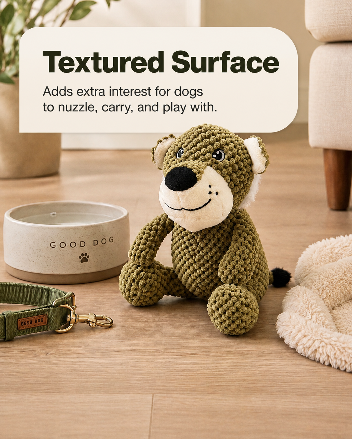 Leo the Lounge Lion Plush Dog Toy – Soft Squeaky Lion Toy for Dogs with Bubble Plush Texture & PP Cotton Filling – Cute Cuddly Dog Toy for Gentle Chewing, Carrying, Fetching & Indoor Play