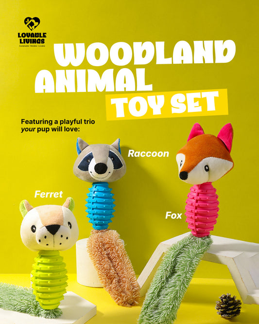 Lovable Livings Pack Of 3 Plush Dog Chew Toys with Textured Rubber Bodies, Cute Fox, A Ferret & Raccoon Puppy Toys, Soft Fuzzy Tails, Interactive Fetch, Tug & Teething Toys for Small Medium Dogs
