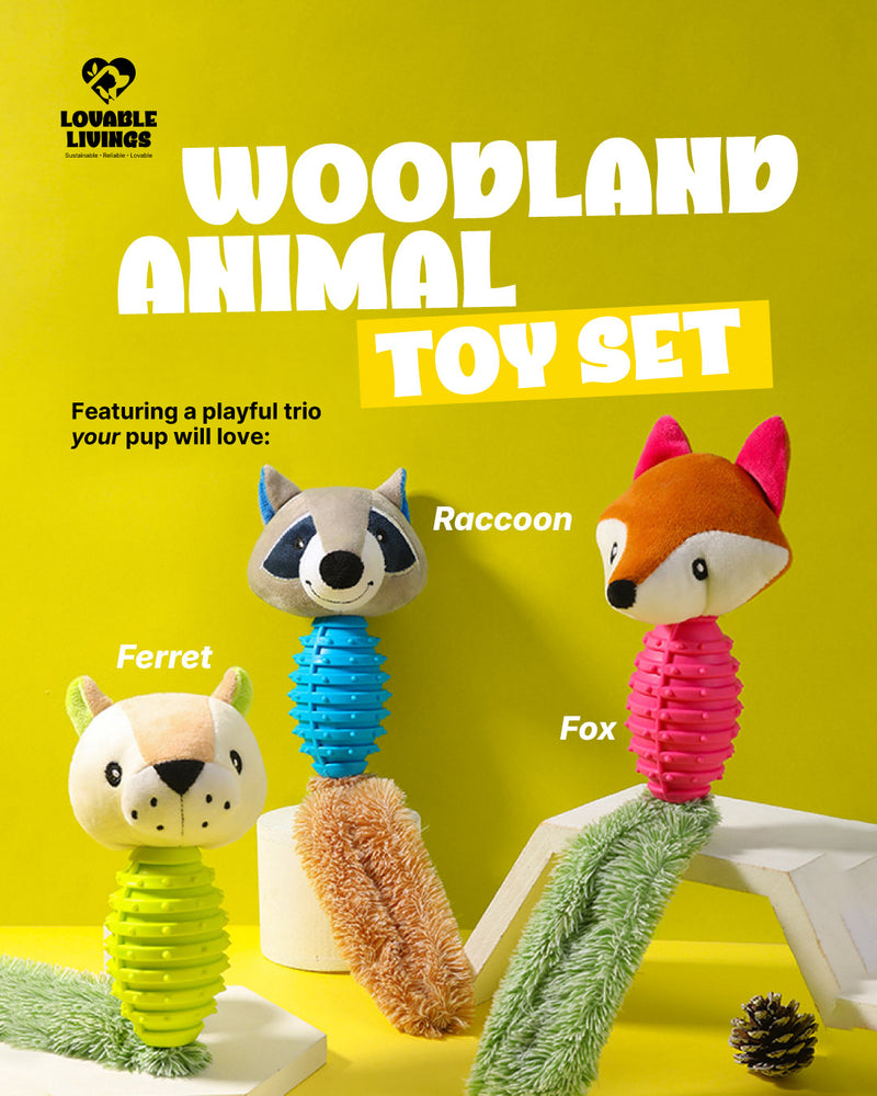 Lovable Livings Pack Of 3 Plush Dog Chew Toys with Textured Rubber Bodies, Cute Fox, A Ferret & Raccoon Puppy Toys, Soft Fuzzy Tails, Interactive Fetch, Tug & Teething Toys for Small Medium Dogs