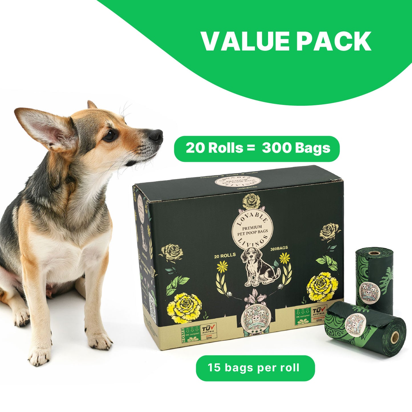 LOVABLE LIVINGS 100% Compostable & Fully Biodegradable Dog Poop Bags - Green - unscented