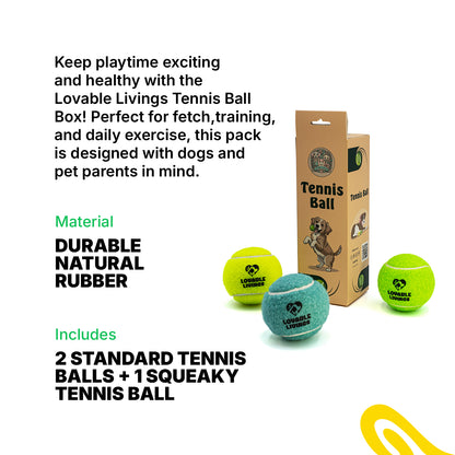 LOVABLE LIVINGS Dog Tennis Ball Box – 2 Durable Rubber Balls + 1 Squeaky Ball for Fetch & Play
