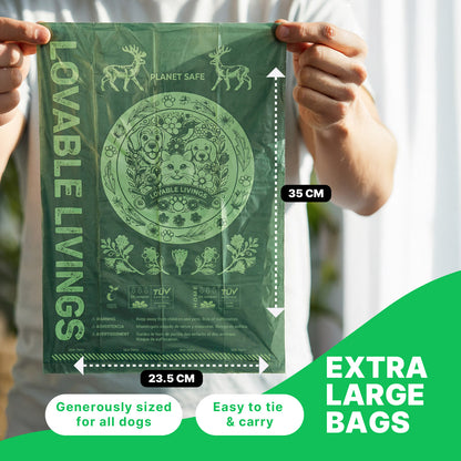 LOVABLE LIVINGS 100% Compostable & Fully Biodegradable Dog Poop Bags - Green - unscented