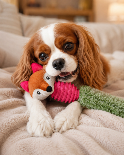 Lovable Livings Pack Of 3 Plush Dog Chew Toys with Textured Rubber Bodies, Cute Fox, A Ferret & Raccoon Puppy Toys, Soft Fuzzy Tails, Interactive Fetch, Tug & Teething Toys for Small Medium Dogs