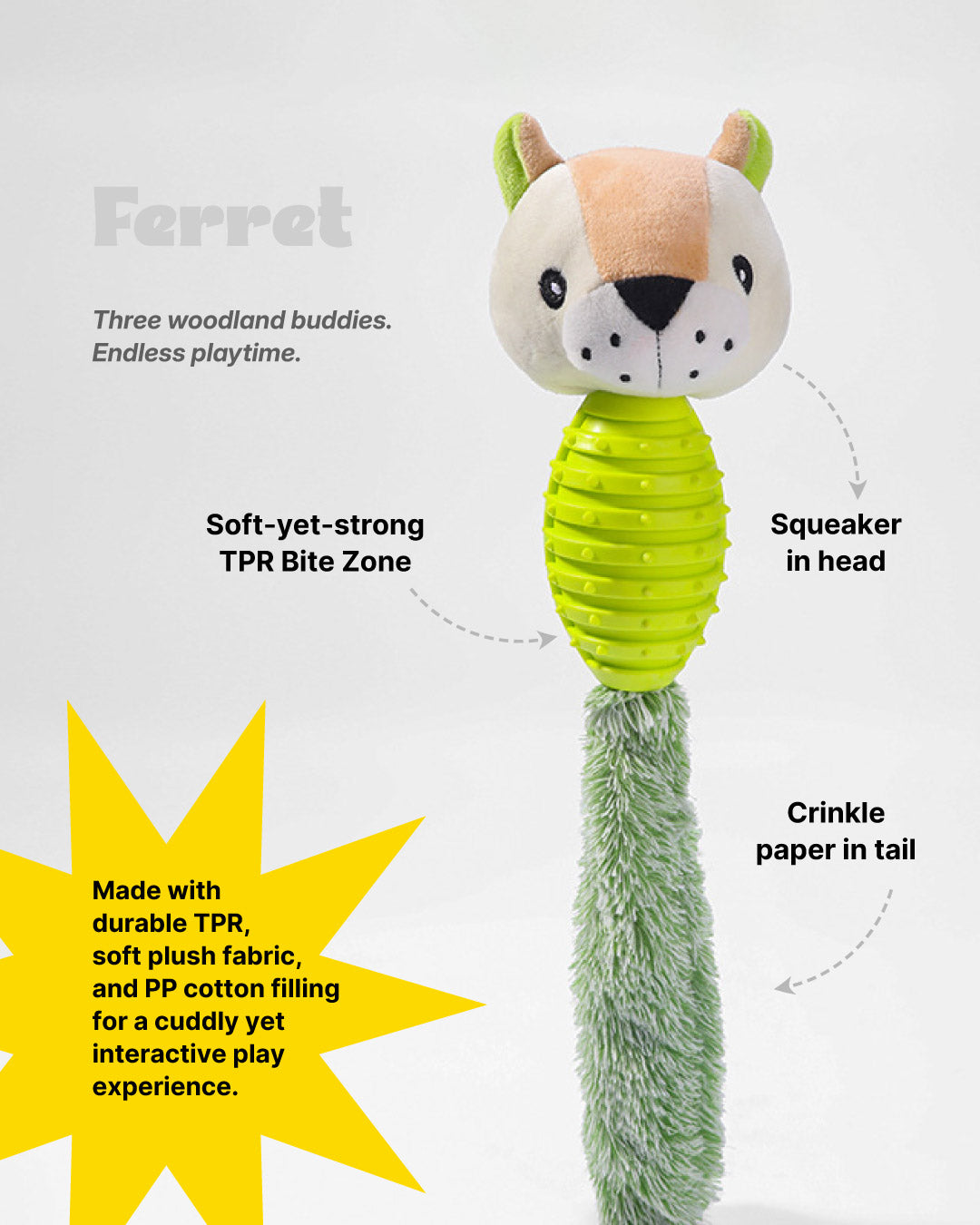 Lovable Livings Pack Of 3 Plush Dog Chew Toys with Textured Rubber Bodies, Cute Fox, A Ferret & Raccoon Puppy Toys, Soft Fuzzy Tails, Interactive Fetch, Tug & Teething Toys for Small Medium Dogs