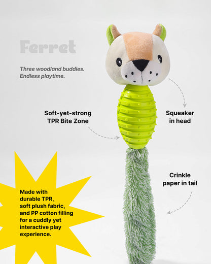 Lovable Livings Pack Of 3 Plush Dog Chew Toys with Textured Rubber Bodies, Cute Fox, A Ferret & Raccoon Puppy Toys, Soft Fuzzy Tails, Interactive Fetch, Tug & Teething Toys for Small Medium Dogs