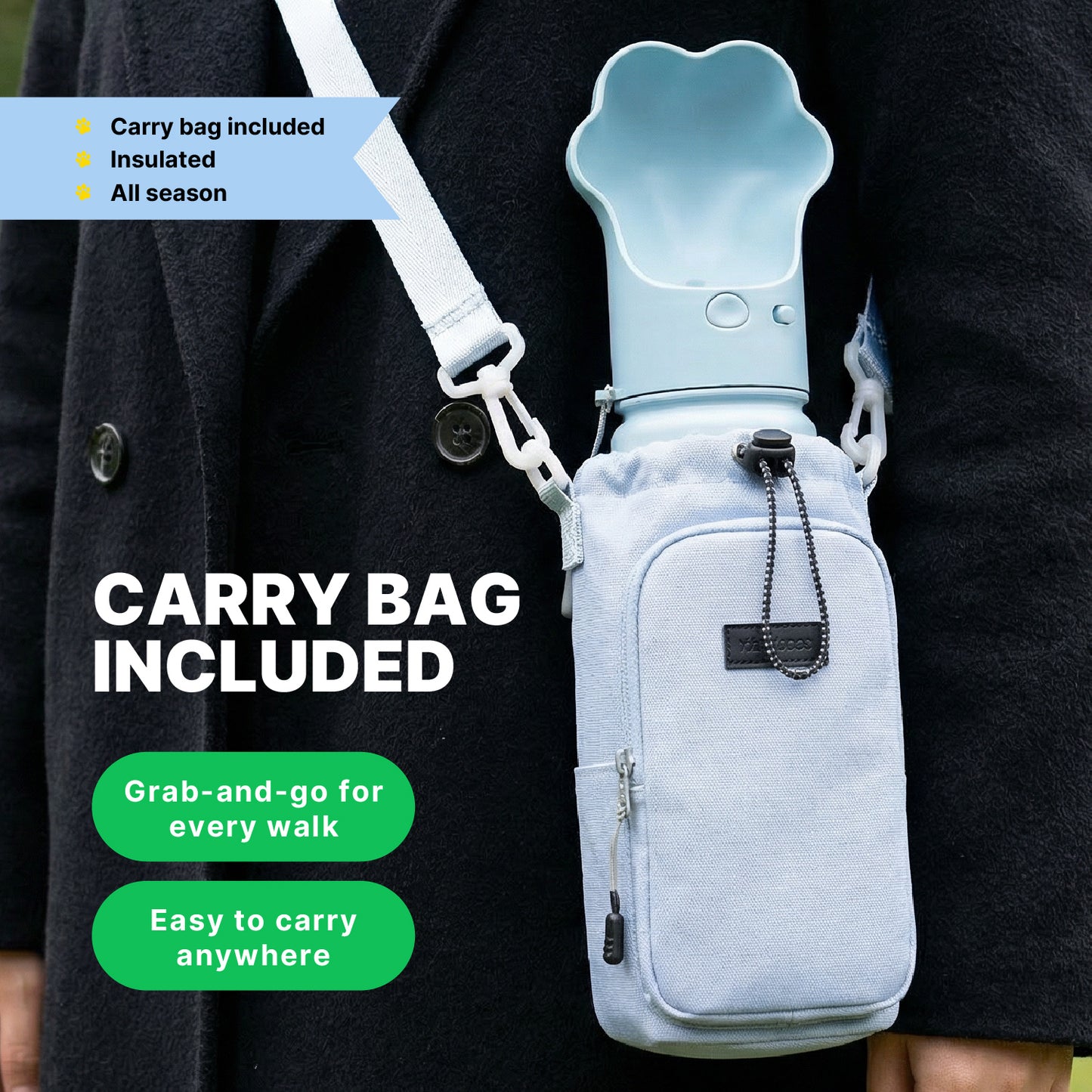 PAWRA – 18oz/530ml Premium Double Wall/Insulated Stainless Steel Dog Water Bottle With Carry Bag| Leak-Proof, Zero Waste, All-Season