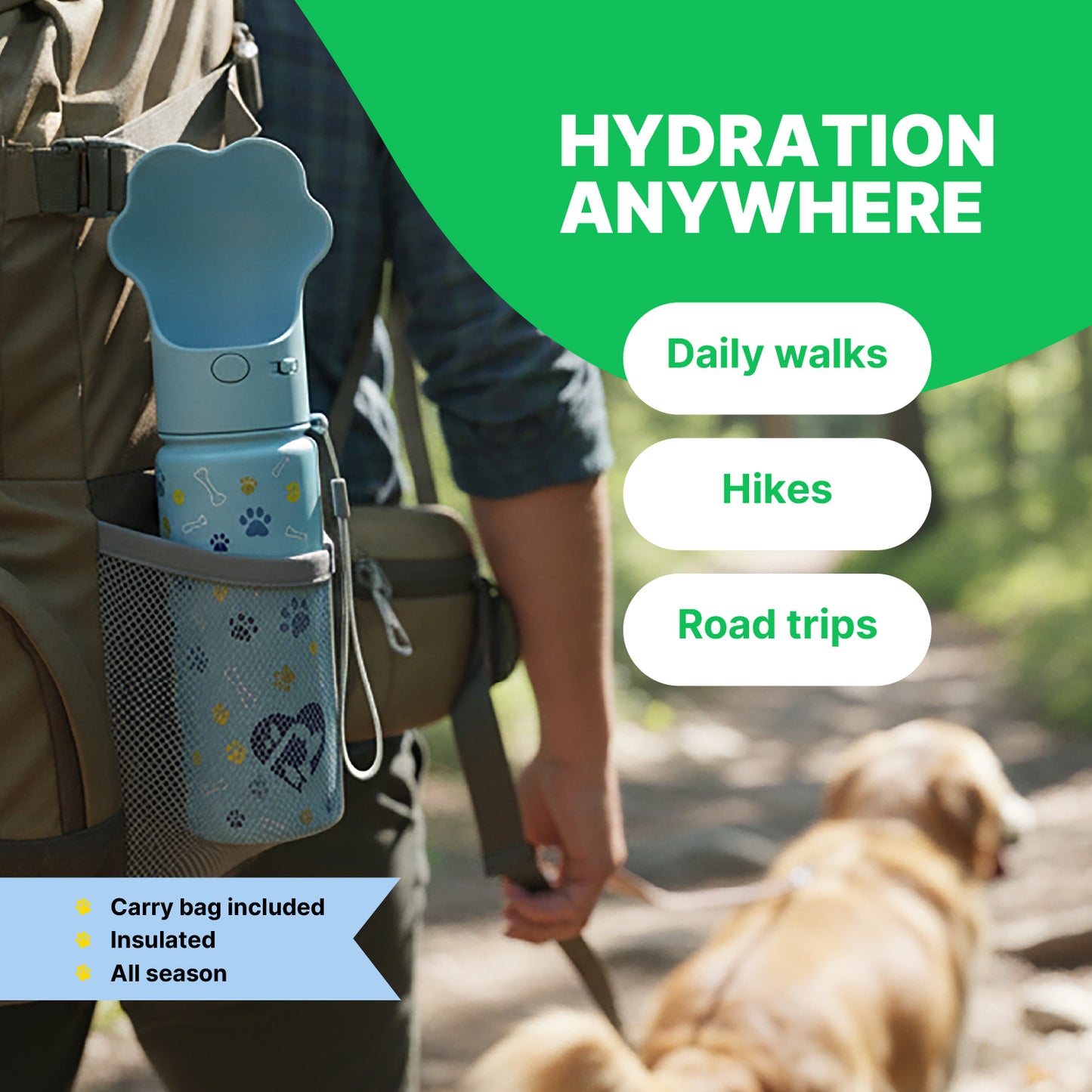 PAWRA – 18oz/530ml Premium Double Wall/Insulated Stainless Steel Dog Water Bottle With Carry Bag| Leak-Proof, Zero Waste, All-Season