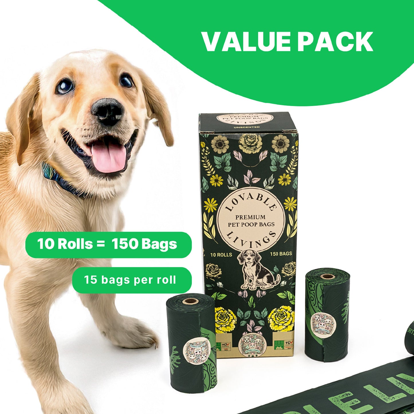 LOVABLE LIVINGS 100% Compostable & Fully Biodegradable Dog Poop Bags - Green - unscented