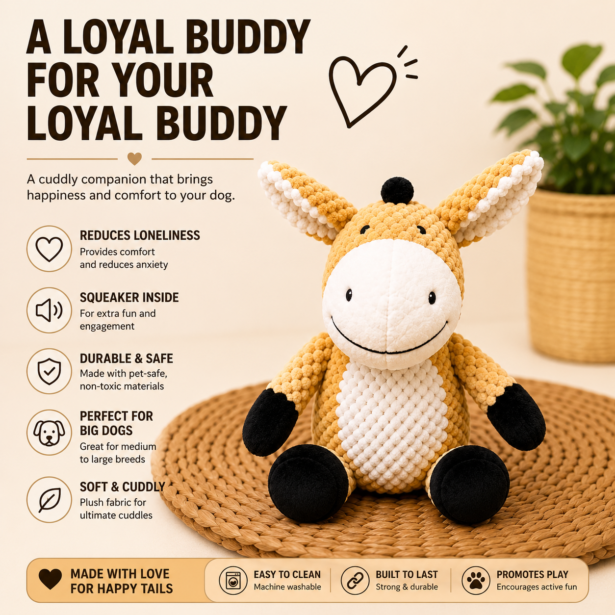 LOVABLE LIVINGS Squeaky Plush Dog Toy for Medium & Large Dogs – Soft Textured Cuddly Dog Toy with Built-In Squeaker – Durable Interactive Play & Comfort Toy