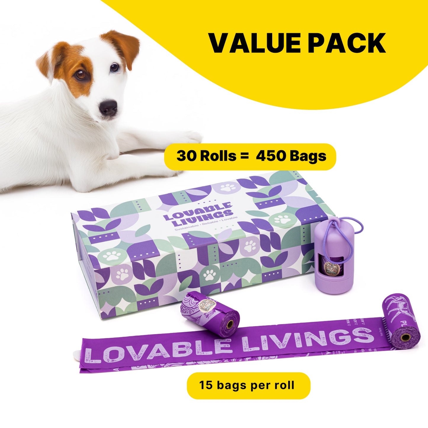 LOVABLE LIVINGS  100% Compostable & Fully Biodegradable Dog Poop Bags - Purple - Lavender scented
