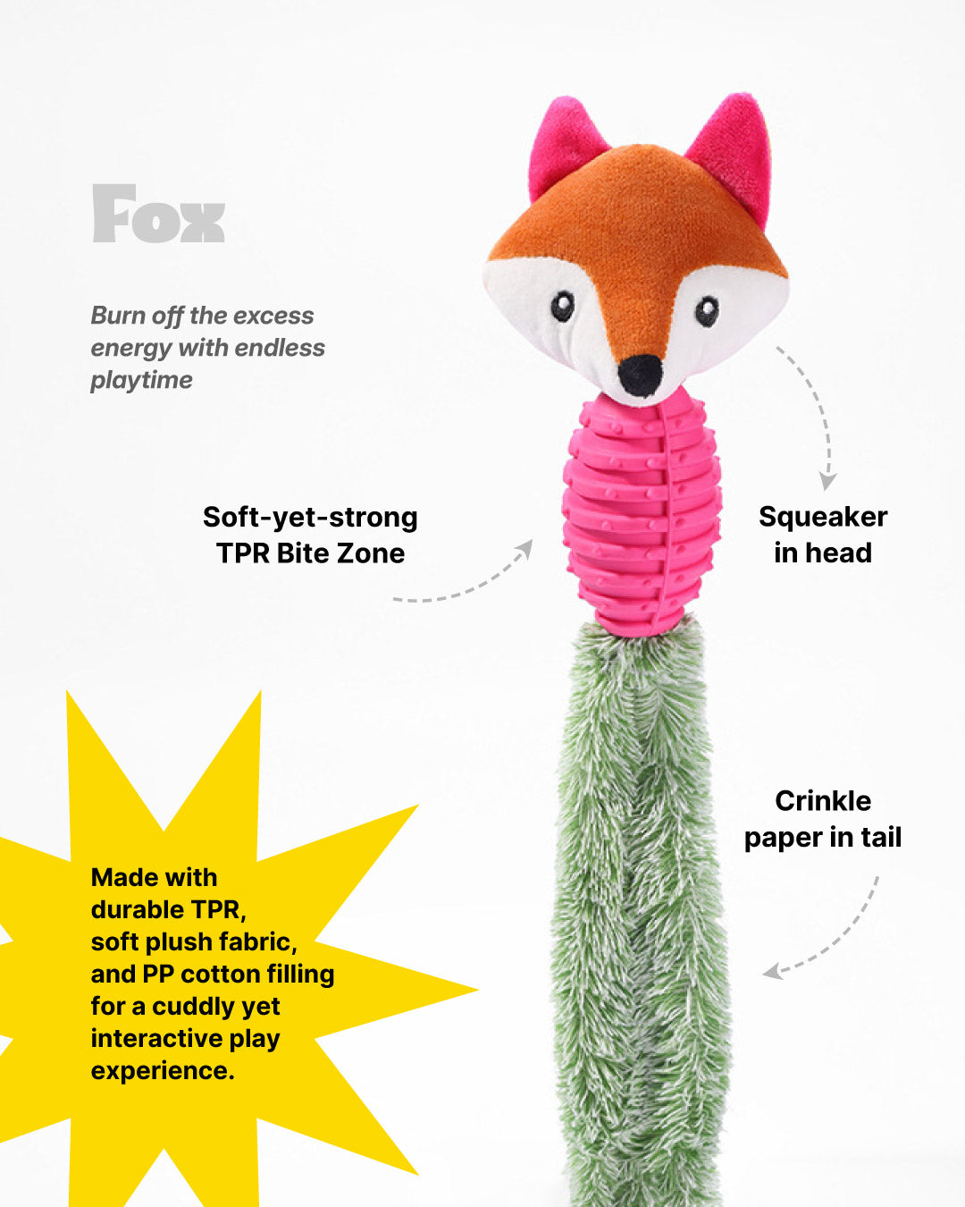 Lovable Livings Pack Of 3 Plush Dog Chew Toys with Textured Rubber Bodies, Cute Fox, A Ferret & Raccoon Puppy Toys, Soft Fuzzy Tails, Interactive Fetch, Tug & Teething Toys for Small Medium Dogs