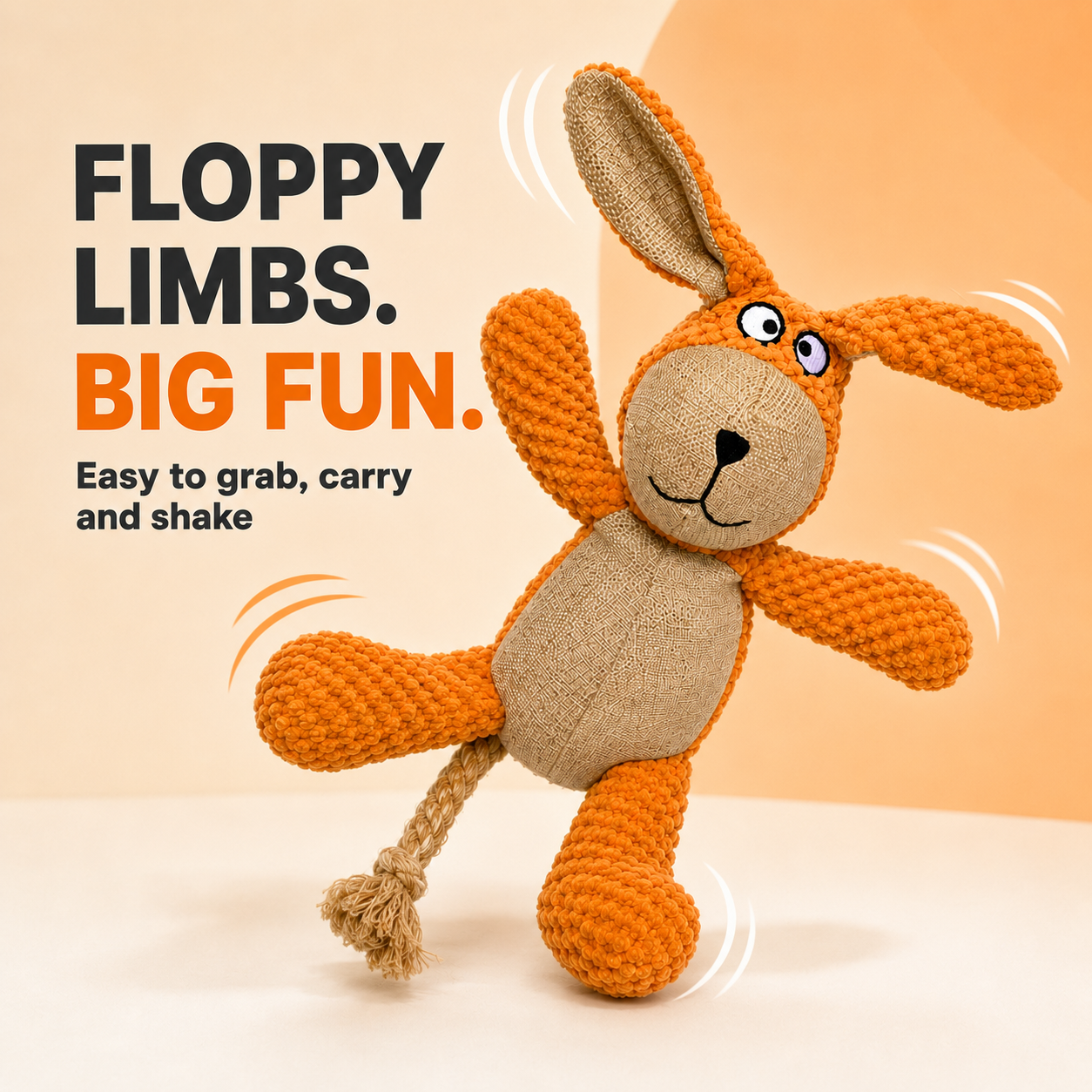 LOVABLE LIVINGS Floppy Plush Dog Toy with Rope Tail – Soft Toy for Fetching, Shaking & Cuddling