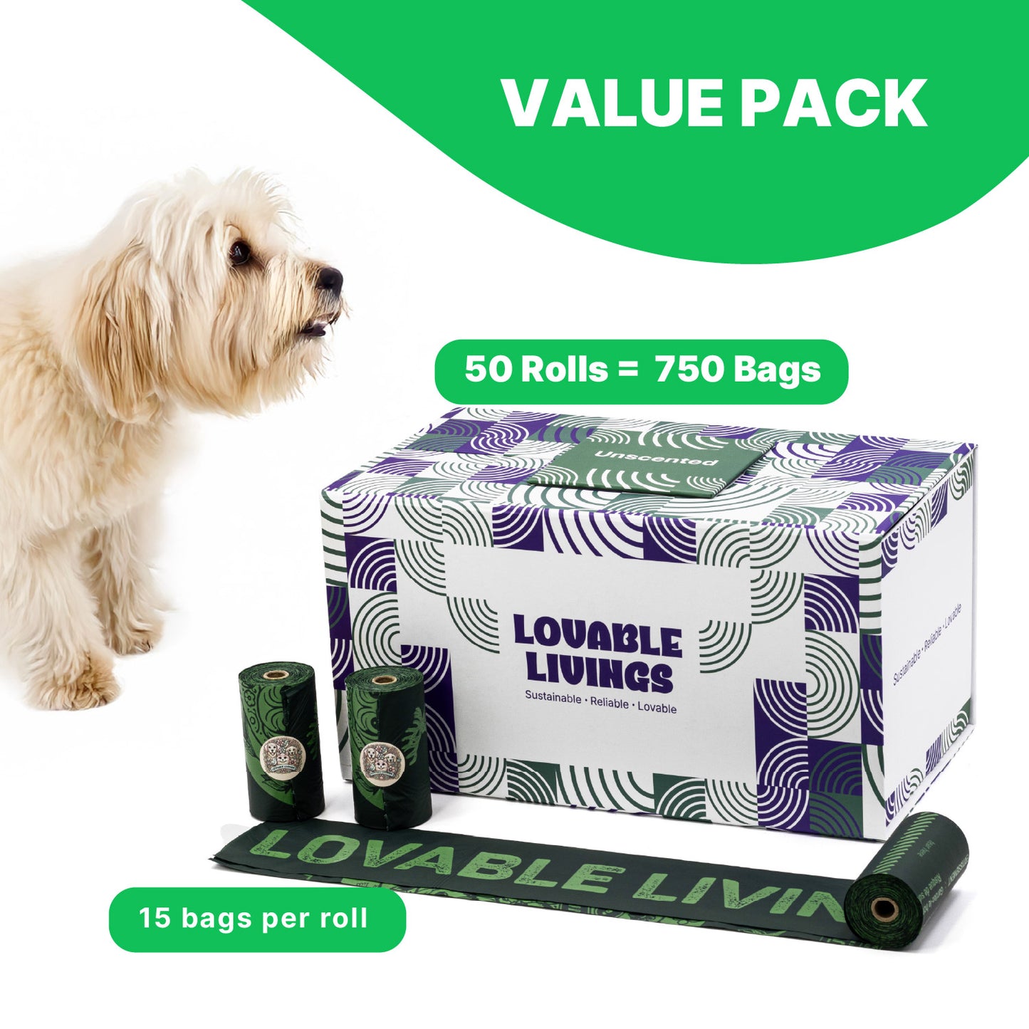 LOVABLE LIVINGS 100% Compostable & Fully Biodegradable Dog Poop Bags - Green - unscented