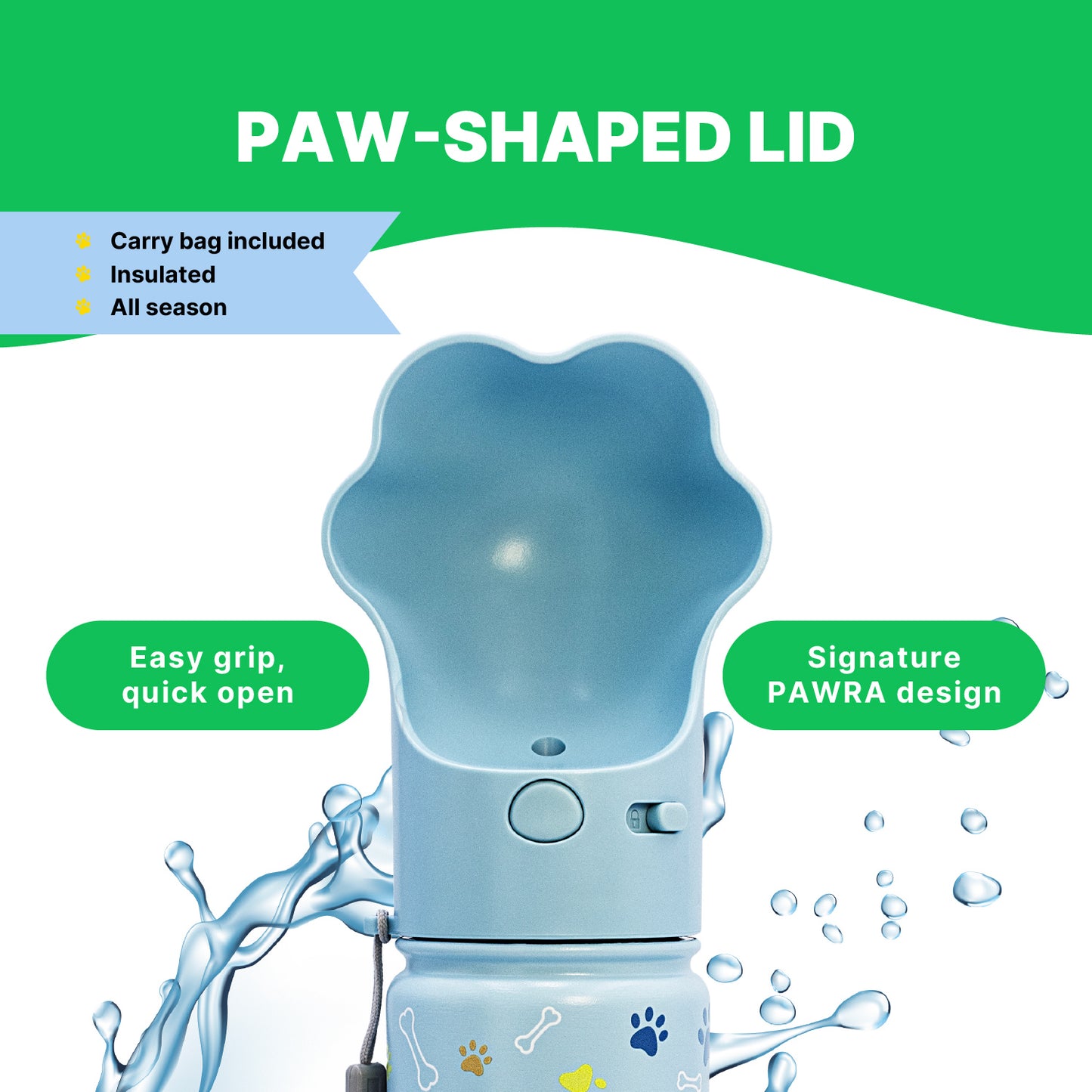 PAWRA – 18oz/530ml Premium Double Wall/Insulated Stainless Steel Dog Water Bottle With Carry Bag| Leak-Proof, Zero Waste, All-Season