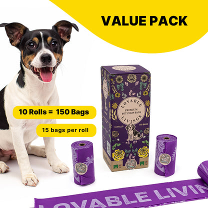 LOVABLE LIVINGS  100% Compostable & Fully Biodegradable Dog Poop Bags - Purple - Lavender scented