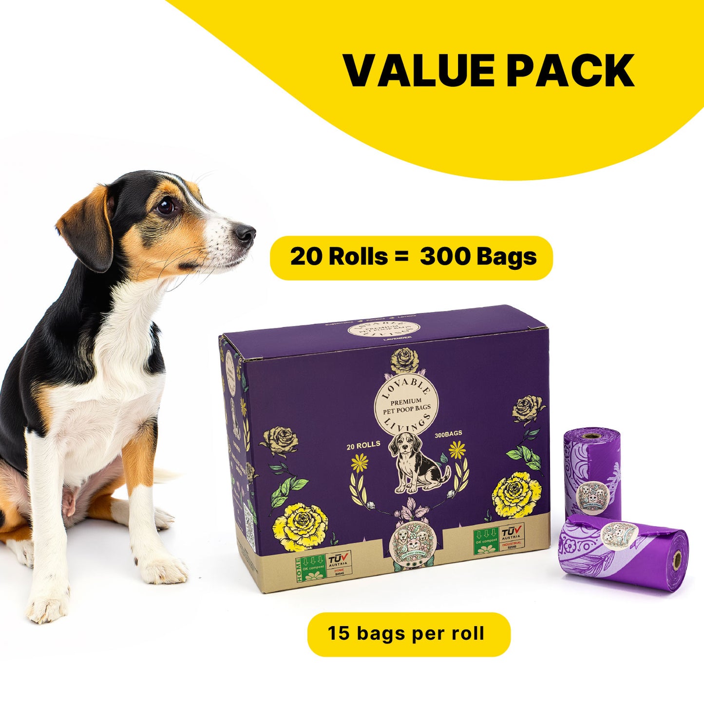 LOVABLE LIVINGS  100% Compostable & Fully Biodegradable Dog Poop Bags - Purple - Lavender scented