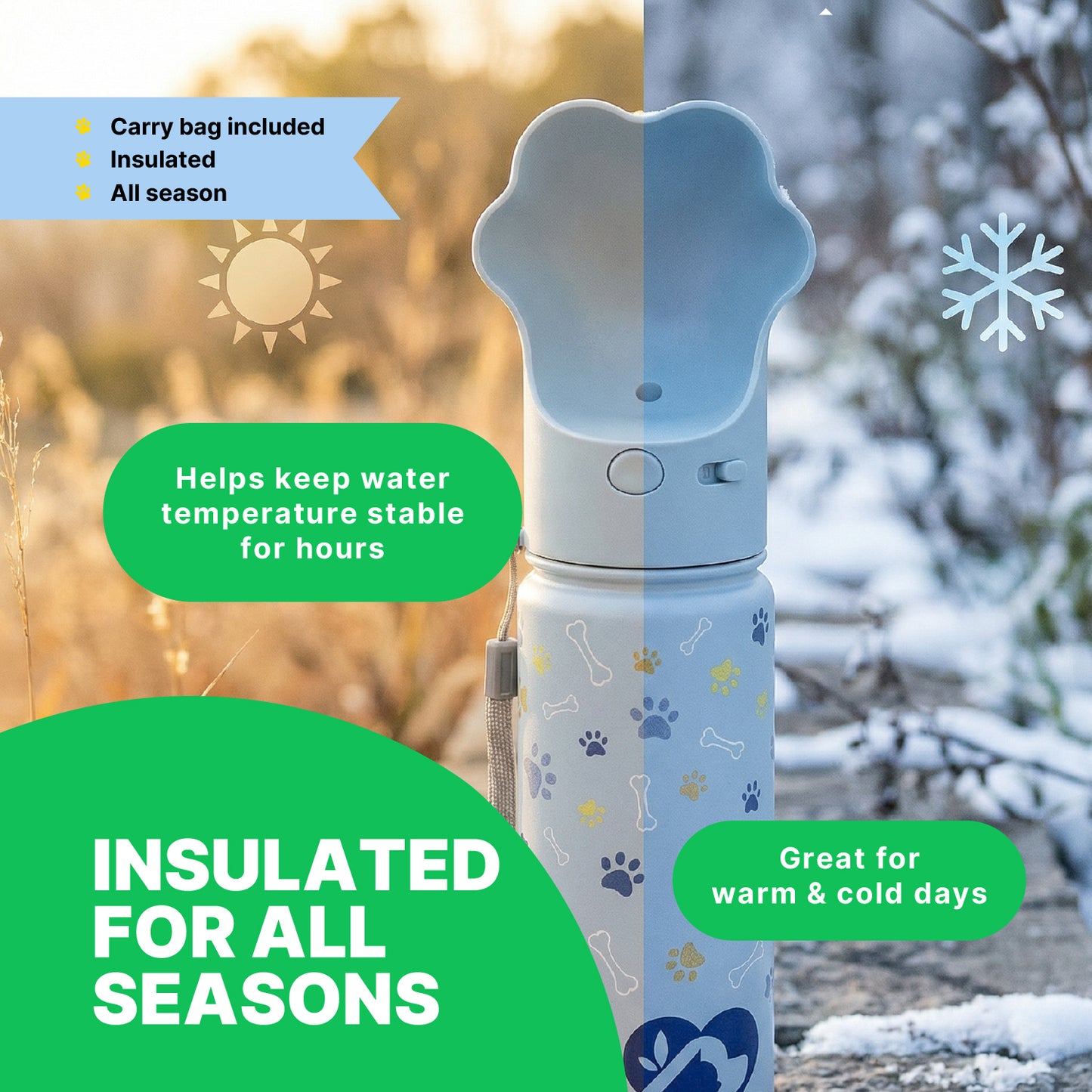 PAWRA – 18oz/530ml Premium Double Wall/Insulated Stainless Steel Dog Water Bottle With Carry Bag| Leak-Proof, Zero Waste, All-Season