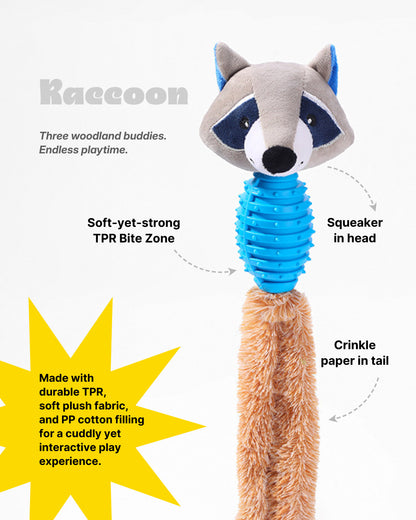Lovable Livings Pack Of 3 Plush Dog Chew Toys with Textured Rubber Bodies, Cute Fox, A Ferret & Raccoon Puppy Toys, Soft Fuzzy Tails, Interactive Fetch, Tug & Teething Toys for Small Medium Dogs