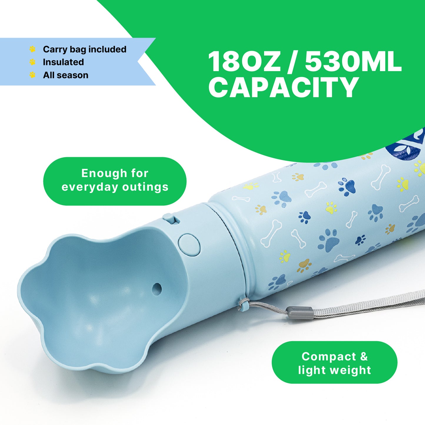 PAWRA – 18oz/530ml Premium Double Wall/Insulated Stainless Steel Dog Water Bottle With Carry Bag| Leak-Proof, Zero Waste, All-Season