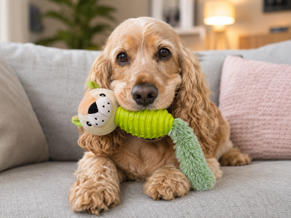Lovable Livings Pack Of 3 Plush Dog Chew Toys with Textured Rubber Bodies, Cute Fox, A Ferret & Raccoon Puppy Toys, Soft Fuzzy Tails, Interactive Fetch, Tug & Teething Toys for Small Medium Dogs