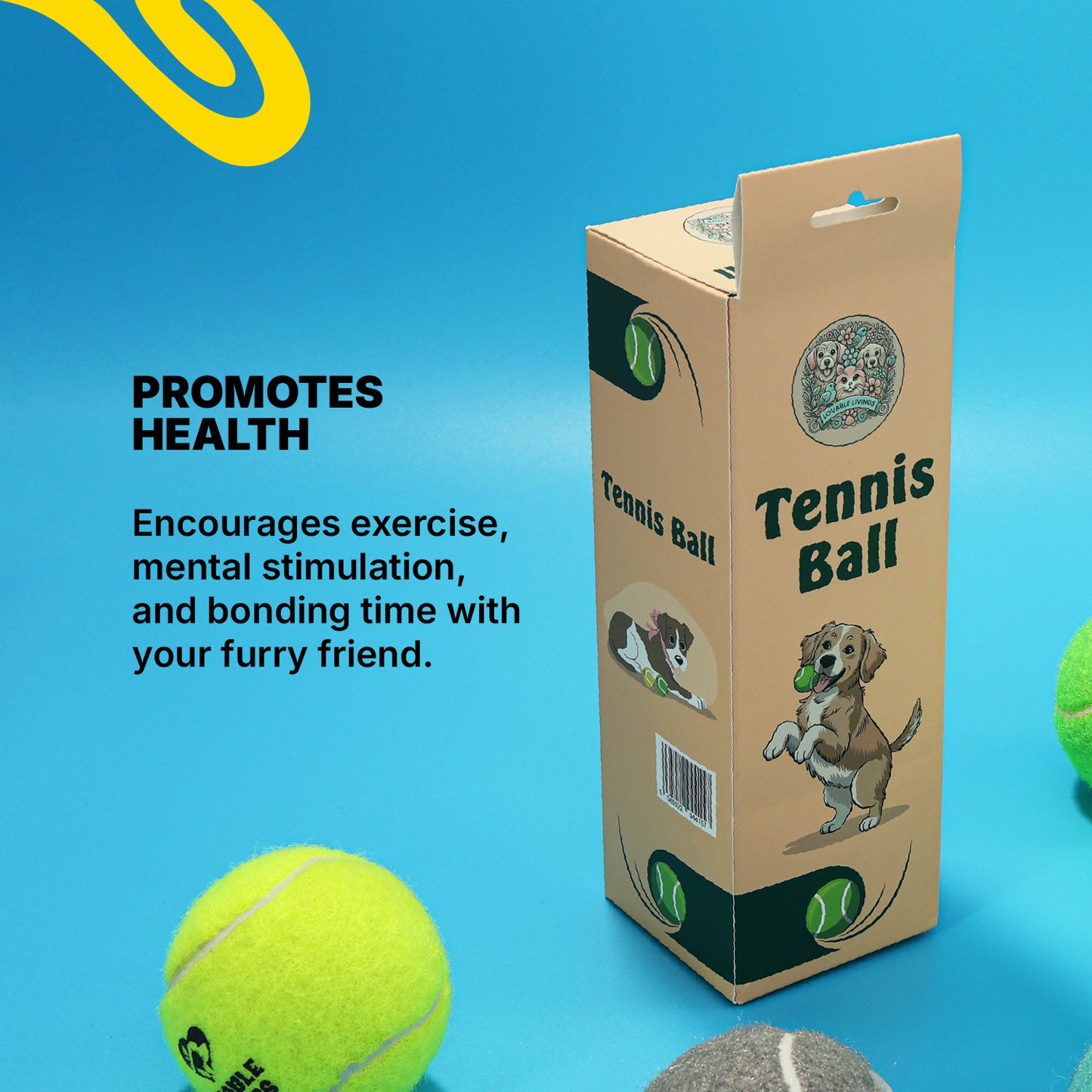 LOVABLE LIVINGS Dog Tennis Ball Box – 2 Durable Rubber Balls + 1 Squeaky Ball for Fetch & Play