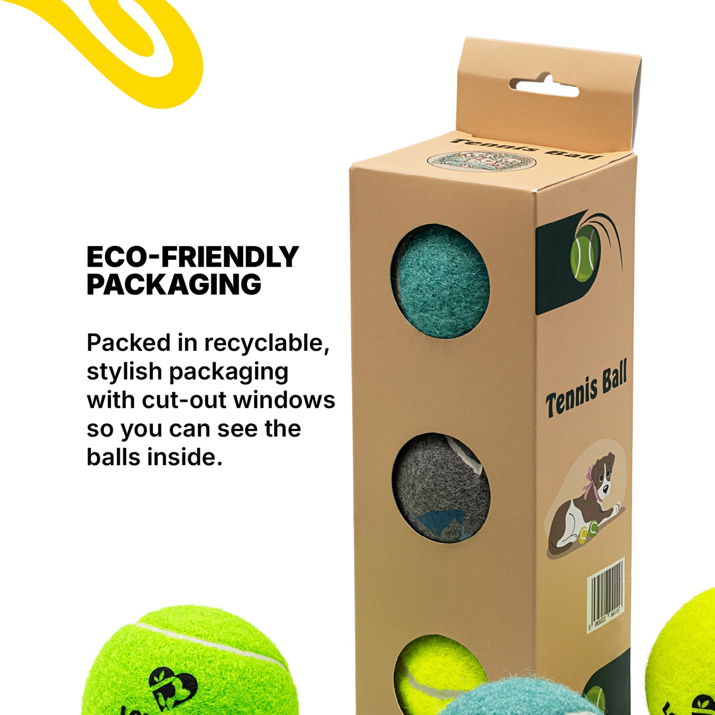 LOVABLE LIVINGS Dog Tennis Ball Box – 2 Durable Rubber Balls + 1 Squeaky Ball for Fetch & Play