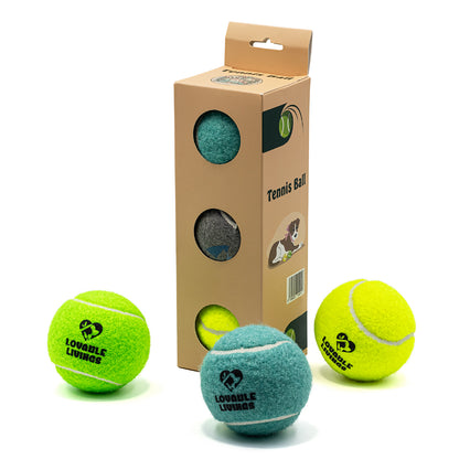 LOVABLE LIVINGS Dog Tennis Ball Box – 2 Durable Rubber Balls + 1 Squeaky Ball for Fetch & Play