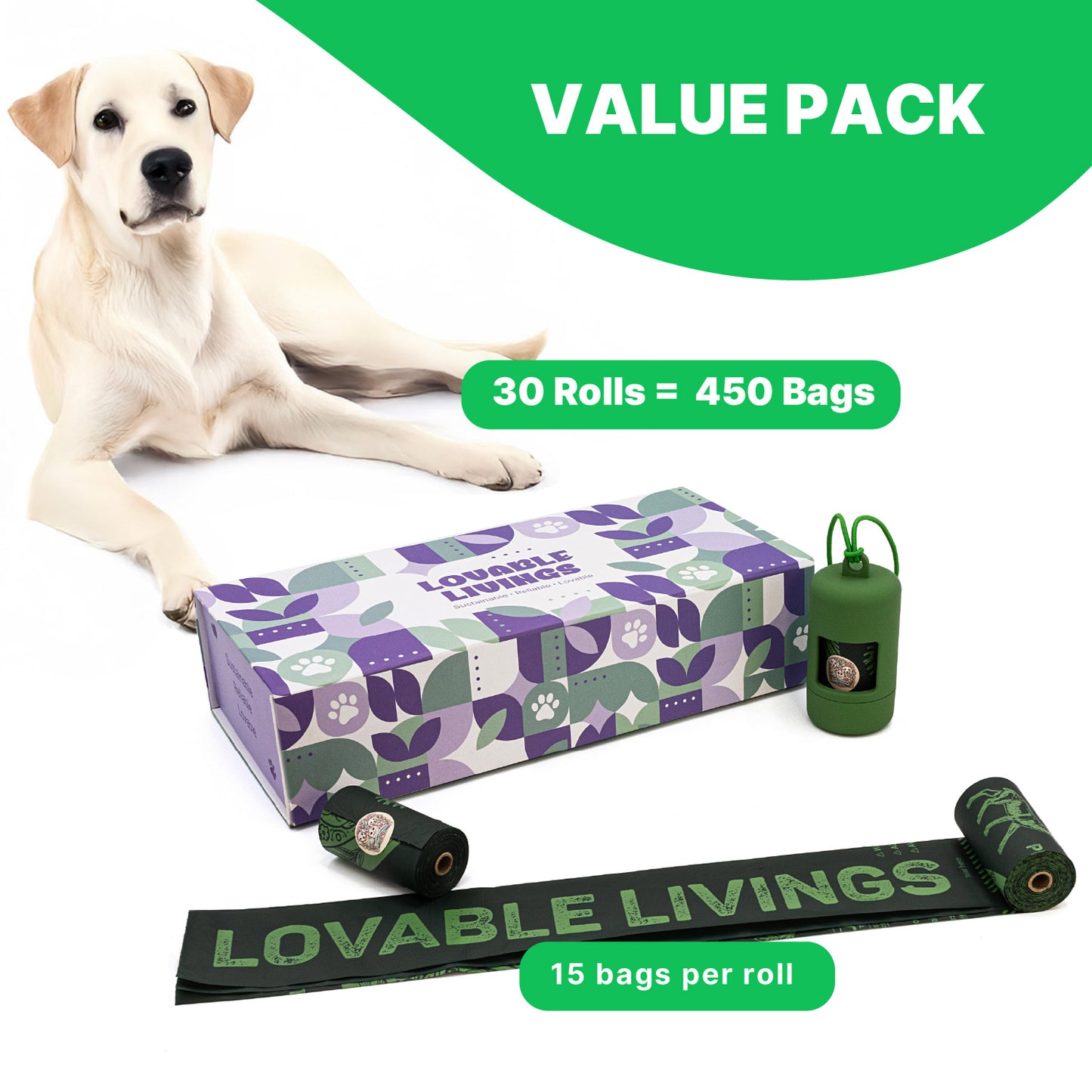 LOVABLE LIVINGS 100% Compostable & Fully Biodegradable Dog Poop Bags - Green - unscented