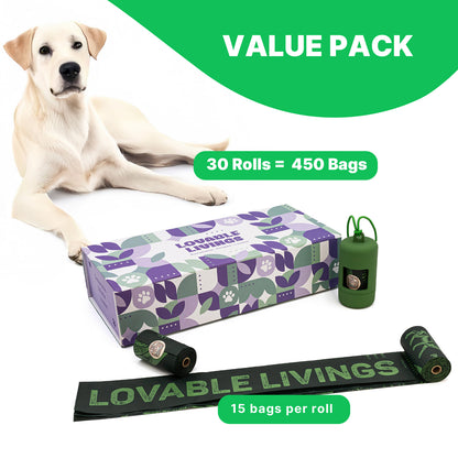 LOVABLE LIVINGS 100% Compostable & Fully Biodegradable Dog Poop Bags - Green - unscented