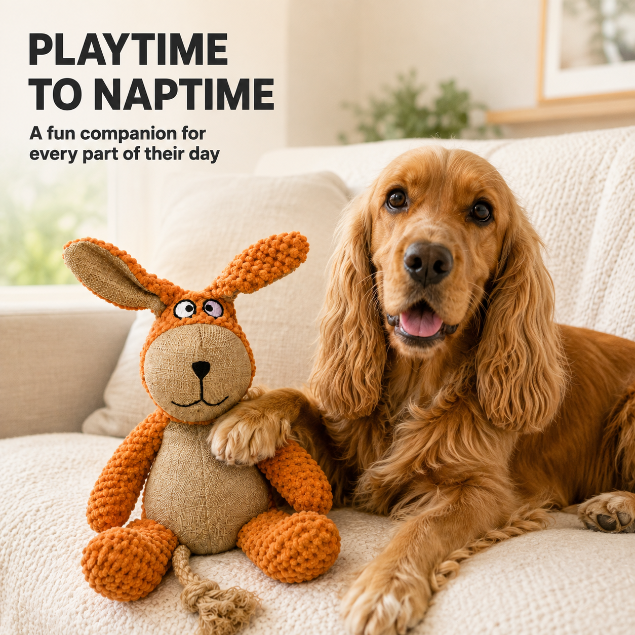 LOVABLE LIVINGS Floppy Plush Dog Toy with Rope Tail – Soft Toy for Fetching, Shaking & Cuddling